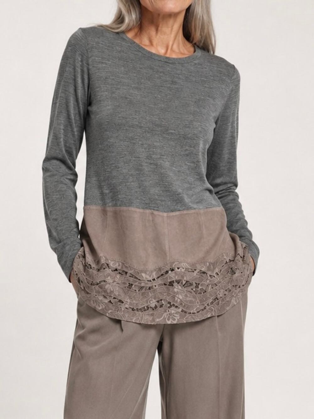 LAFAYETTE 148 Wool and Suede Sweater Long Tunic Lace Knit Pullover